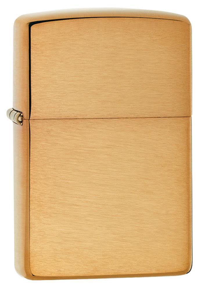 Front view of the Brushed Brass Classic Case Lighter shot at a 3/4 angle