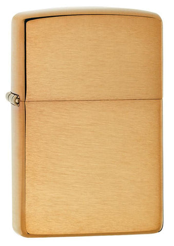 Front view of the Brushed Brass Classic Case Lighter shot at a 3/4 angle