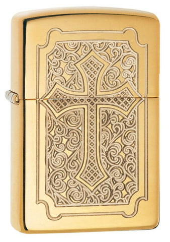 Front shot of Eccentric Religious Golden Cross Armor High Polish Brass Windproof Lighter standing at a 3/4 angle