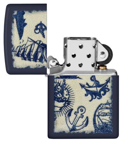 Nautical Design Navy Matte Windproof Lighter with its lid open and unlit.