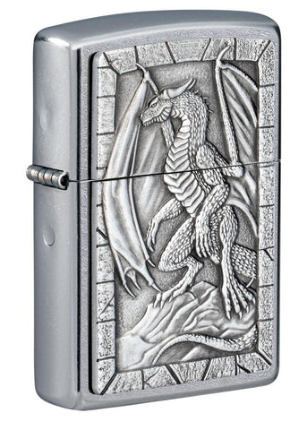 Front shot of Dragon Emblem Design Street Chrome™ Windproof Lighter standing at a 3/4 angle