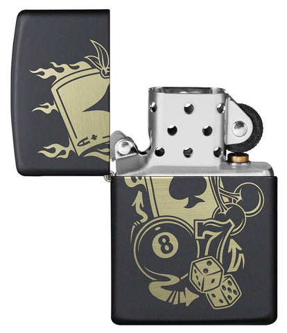 Gambling Design Windproof Lighter with its lid open and unlit