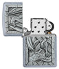Dragon Emblem Design Street Chrome™ Windproof Lighter with its lid open and unlit