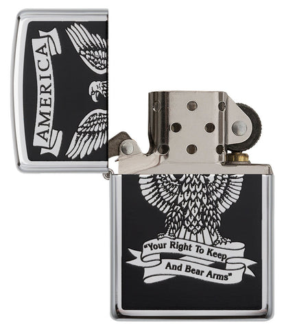 Black and White Americana High Polish Chrome Windproof Lighter - open and unlit