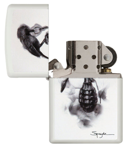 Steven Spazuk Art with Black Bird on Hand Grenade Windproof Lighter open and unlit.