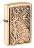 Front shot of Dragon Emblem Design Brushed Brass Windproof Lighter standing at a 3/4 angle