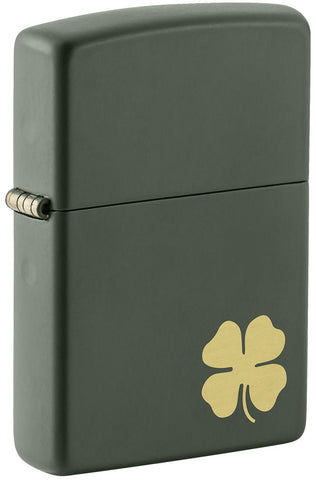 Front shot of Four Leaf Clover Green Matte Windproof Lighter standing at a 3/4 angle.