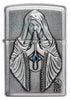 Anne Stokes Gothic Prayer Emblem Brushed Chrome Windproof Lighter with its lid open and unlit.