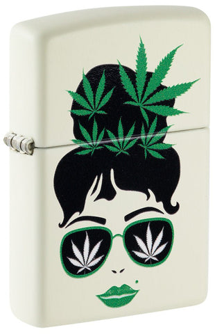 Front shot of Zippo Cannabis Girl Design Glow In The Dark Pocket Lighter standing at a 3/4 angle.