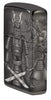Angled shot of Knight Fight Design High Polish Black Windproof Lighter showing the back and right side of the lighter