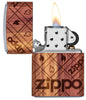 WOODCHUCK USA Zippo Cedar Wrap Windproof Lighter with its lid open and lit