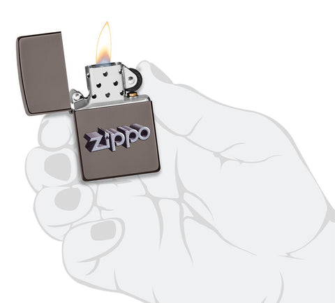 Zippo 3D Logo Design Black Ice® Windproof Lighter lit in hand