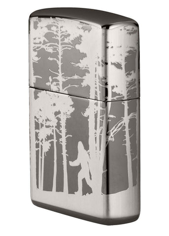 Front of Squatchin' In The Woods 360Â° Design Windproof Lighter standing at an angle, showing the right side