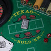 Lifestyle image of Lucky 7 Emblem Street Chrome™ Windproof Lighter laying on a Texas Hold 'Em table with cards and poker chips