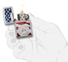 United States Stamp on American Flag Chrome Windproof Lighter lit in hand