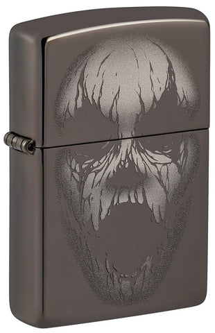 Front shot of Screaming Monster Design Photo Image Black Ice® Windproof Lighter standing at a 3/4 angle.