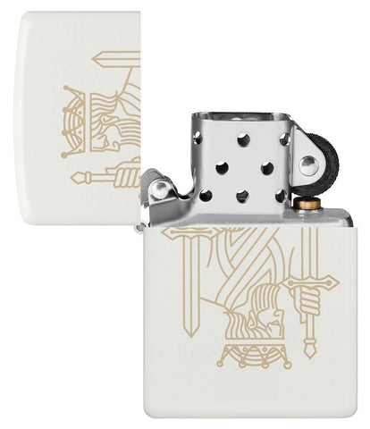 King Queen Design White Matte Windproof Lighter with its lid open and unlit.