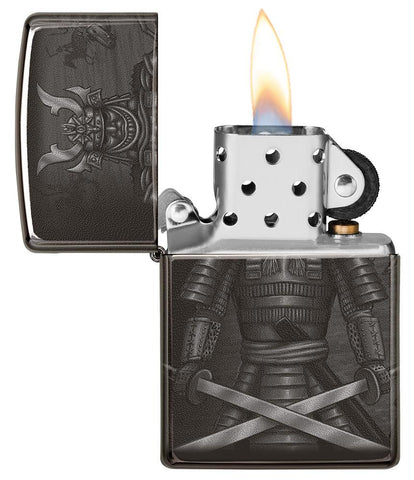 Knight Fight Design High Polish Black Windproof Lighter lit in hand