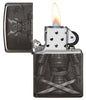 Knight Fight Design High Polish Black Windproof Lighter lit in hand