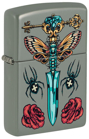 Front shot of Zippo Gothic Dagger Design Sage Pocket Lighter standing at a 3/4 angle.