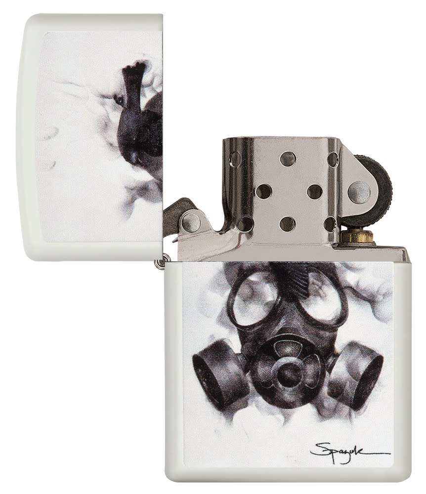 Front view of the Black Bird Resting on a Smoking Gas Mask open and unlit.