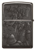 Angled shot of Knight Fight Design High Polish Black Windproof Lighter showing the front and right side of the lighter